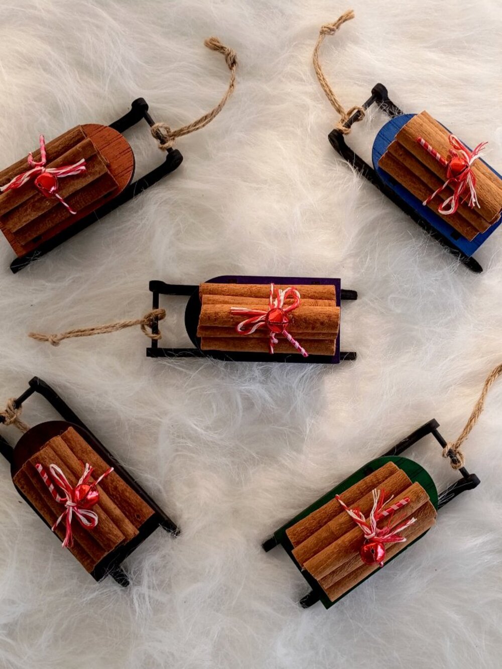 Set of 5 Handmade Cinnamon Stick Sled Ornaments – Holiday Decor & Secret Santa G